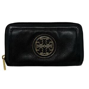 Tory Burch Amanda Zip Continental Wallet Black Pebbled Leather Gold Logo EUC